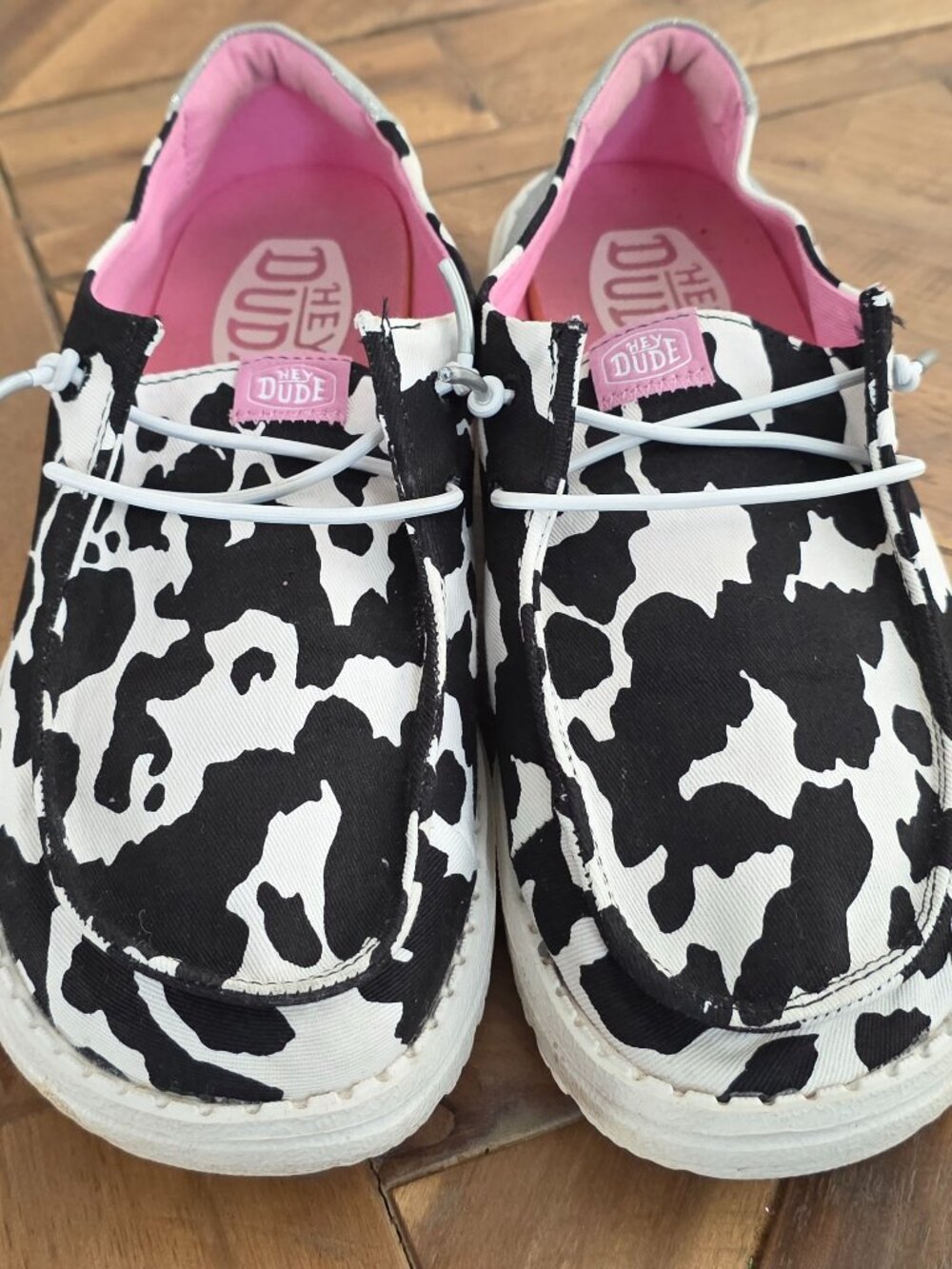 Women's Cow Print Hey Dude Shoes with Glitter Heels, Size 6